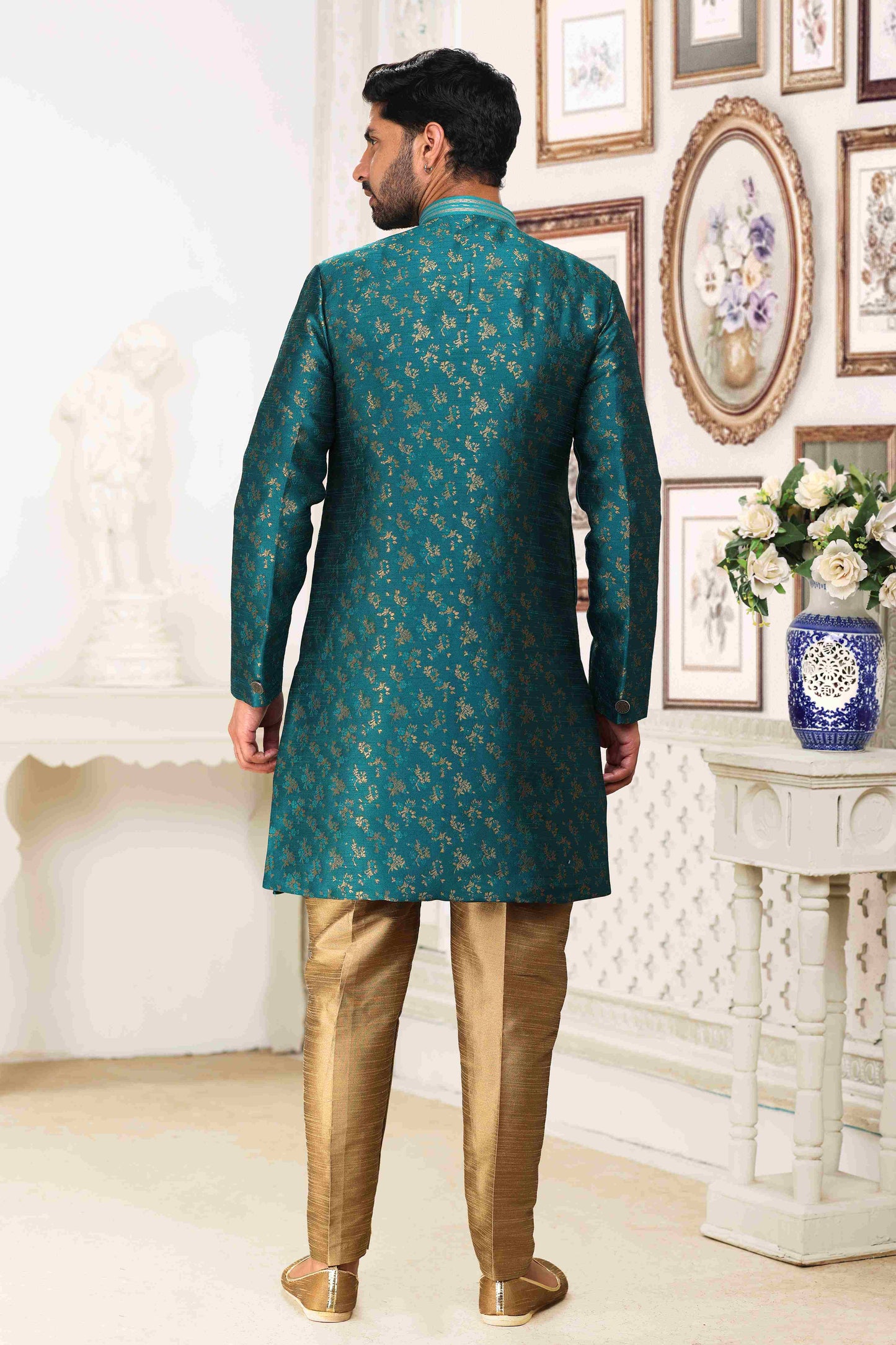 Raivat Ethnic Banarasi Jacquard Embroidery Semi Indo Western Sherwani In Green Colour | Swadesiicart