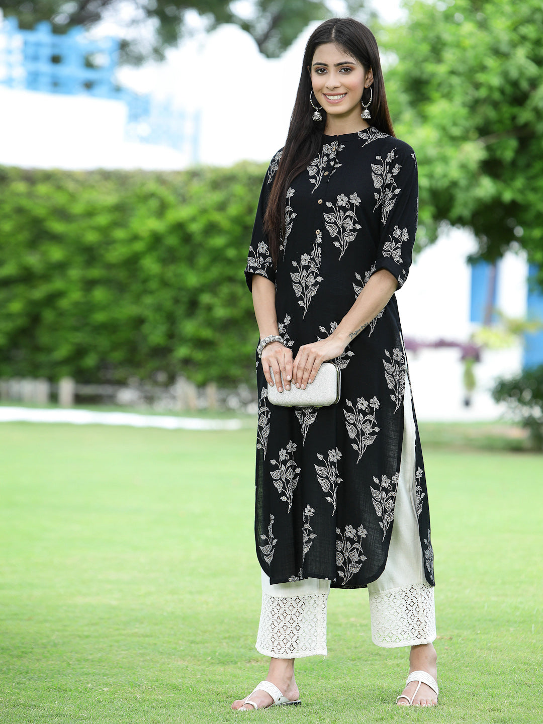 Juniper Womens Black Rayon Slub Printed Straight Kurta - Swadesiicart