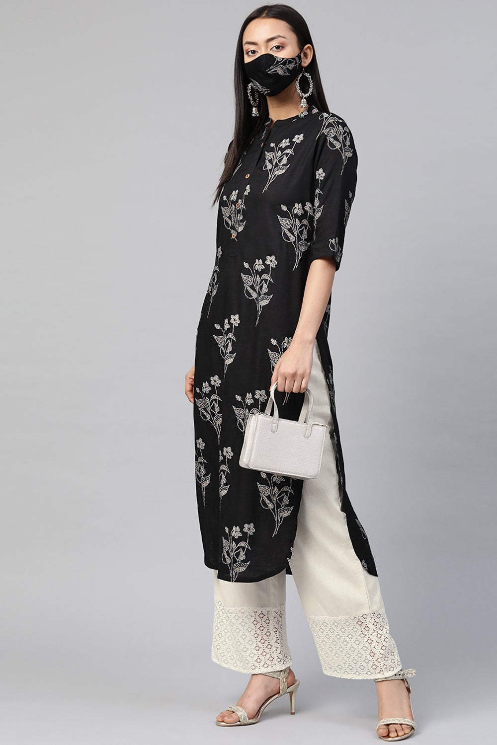 Juniper Women's Black Rayon Slub Bandhani Straight Kurta - Swadesiicart