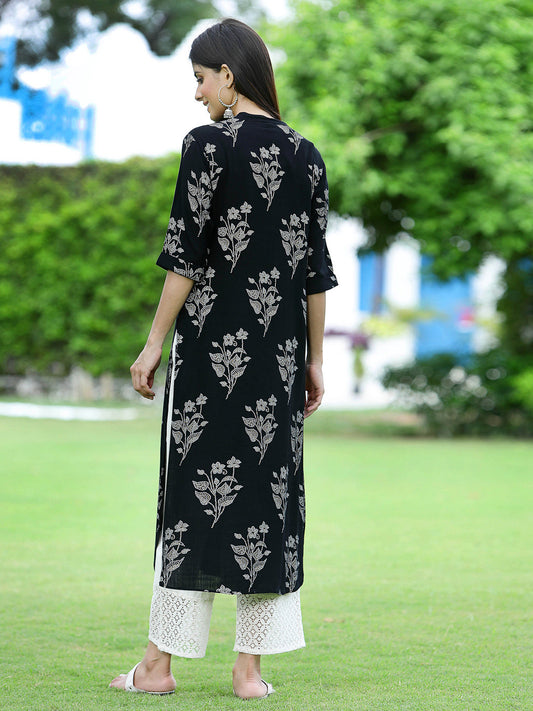 Juniper Womens Black Rayon Slub Printed Straight Kurta - Swadesiicart