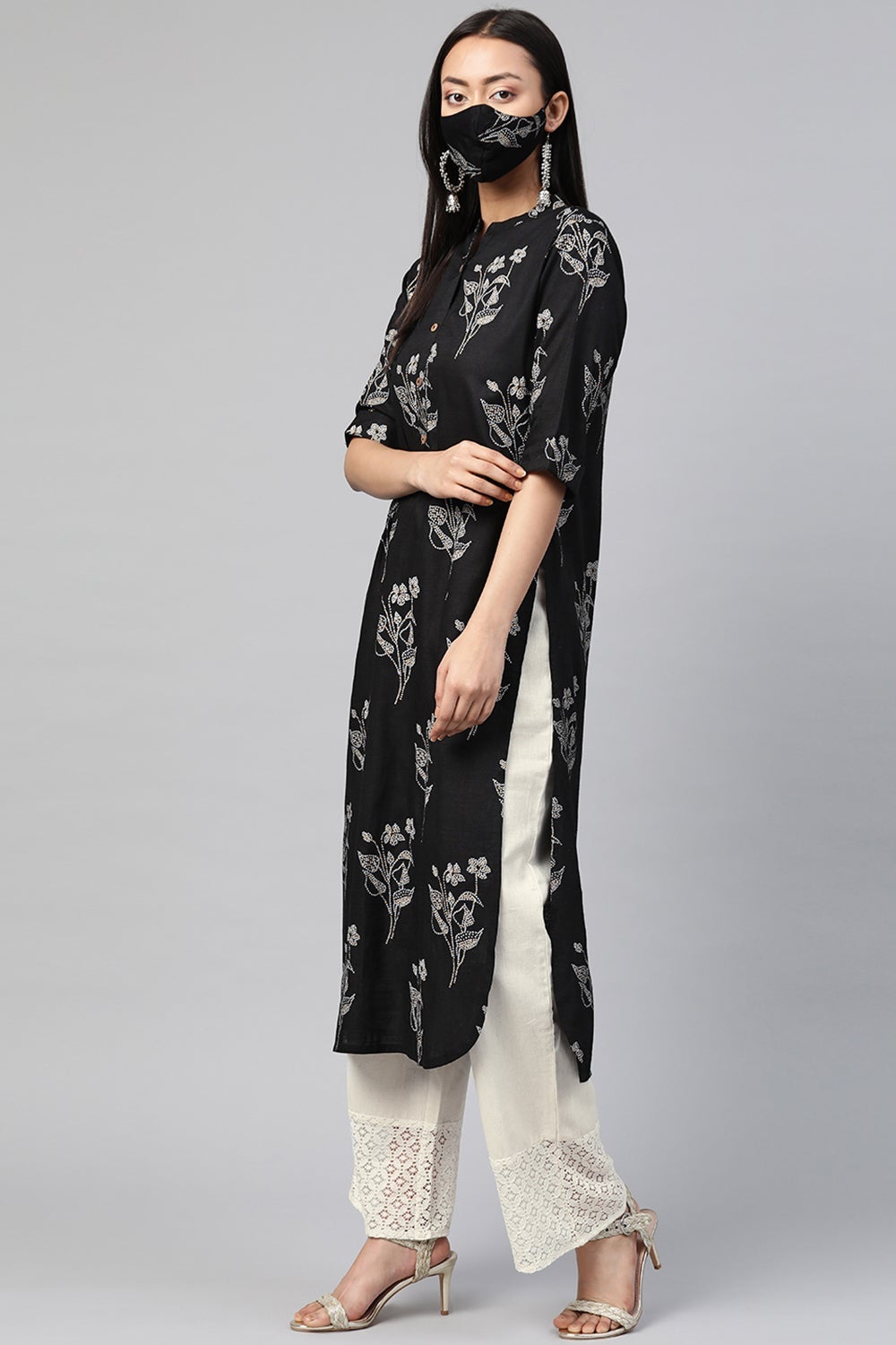 Juniper Women's Black Rayon Slub Bandhani Straight Kurta - Swadesiicart