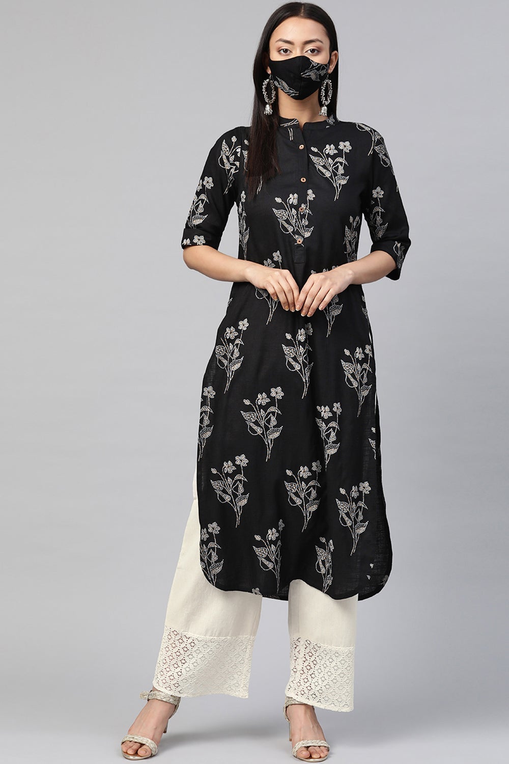 Juniper Women's Black Rayon Slub Bandhani Straight Kurta - Swadesiicart