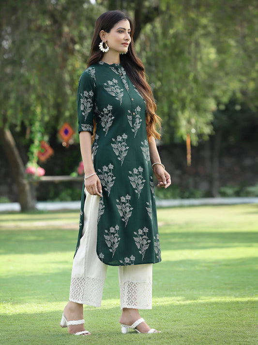 Juniper Womens Jadegreen Rayon Slub Printed Straight Kurta - Swadesiicart