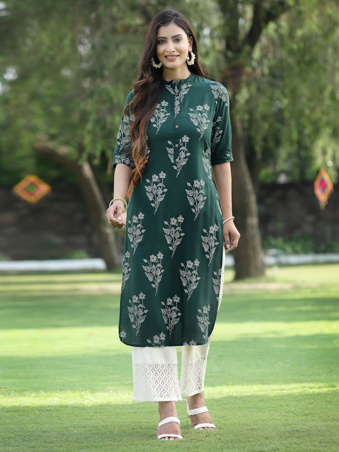 Juniper Womens Jadegreen Rayon Slub Printed Straight Kurta - Swadesiicart