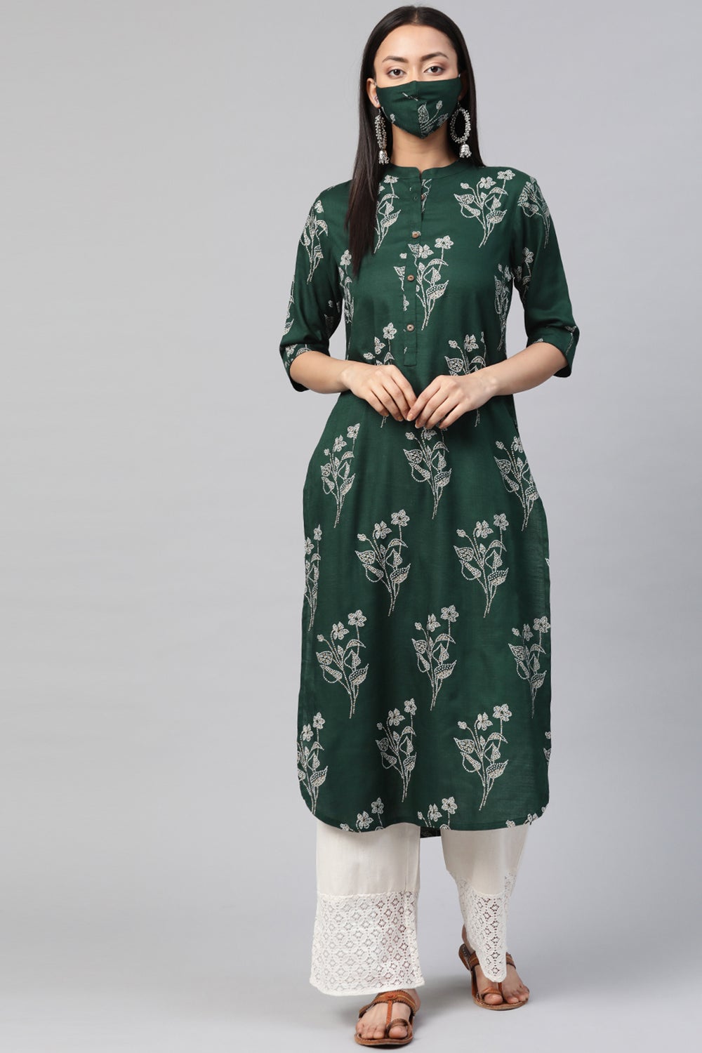 Juniper Women's Jadegreen Rayon Slub Bandhani Straight Kurta - Swadesiicart