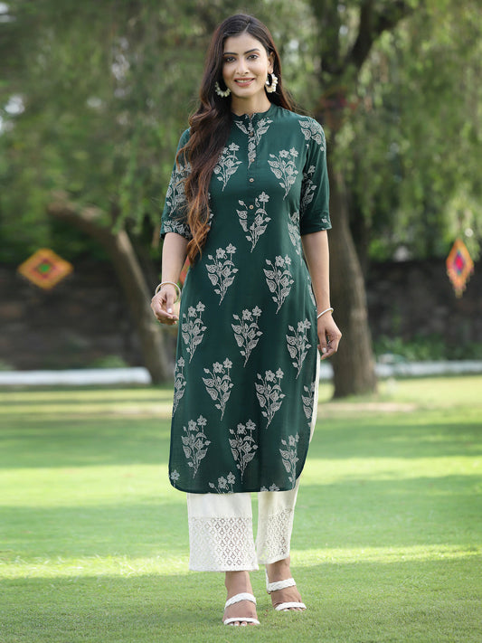 Juniper Womens Jadegreen Rayon Slub Printed Straight Kurta - Swadesiicart