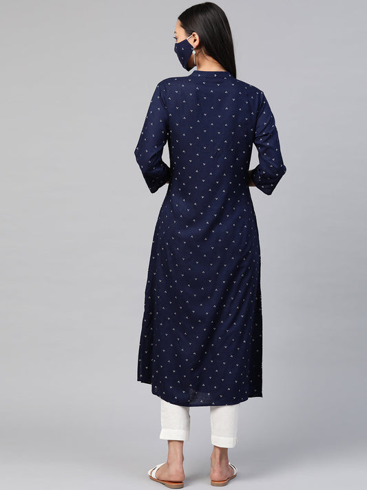 Juniper Womens Indigo Rayon Slub Placement Printed A Line Kurta - Swadesiicart