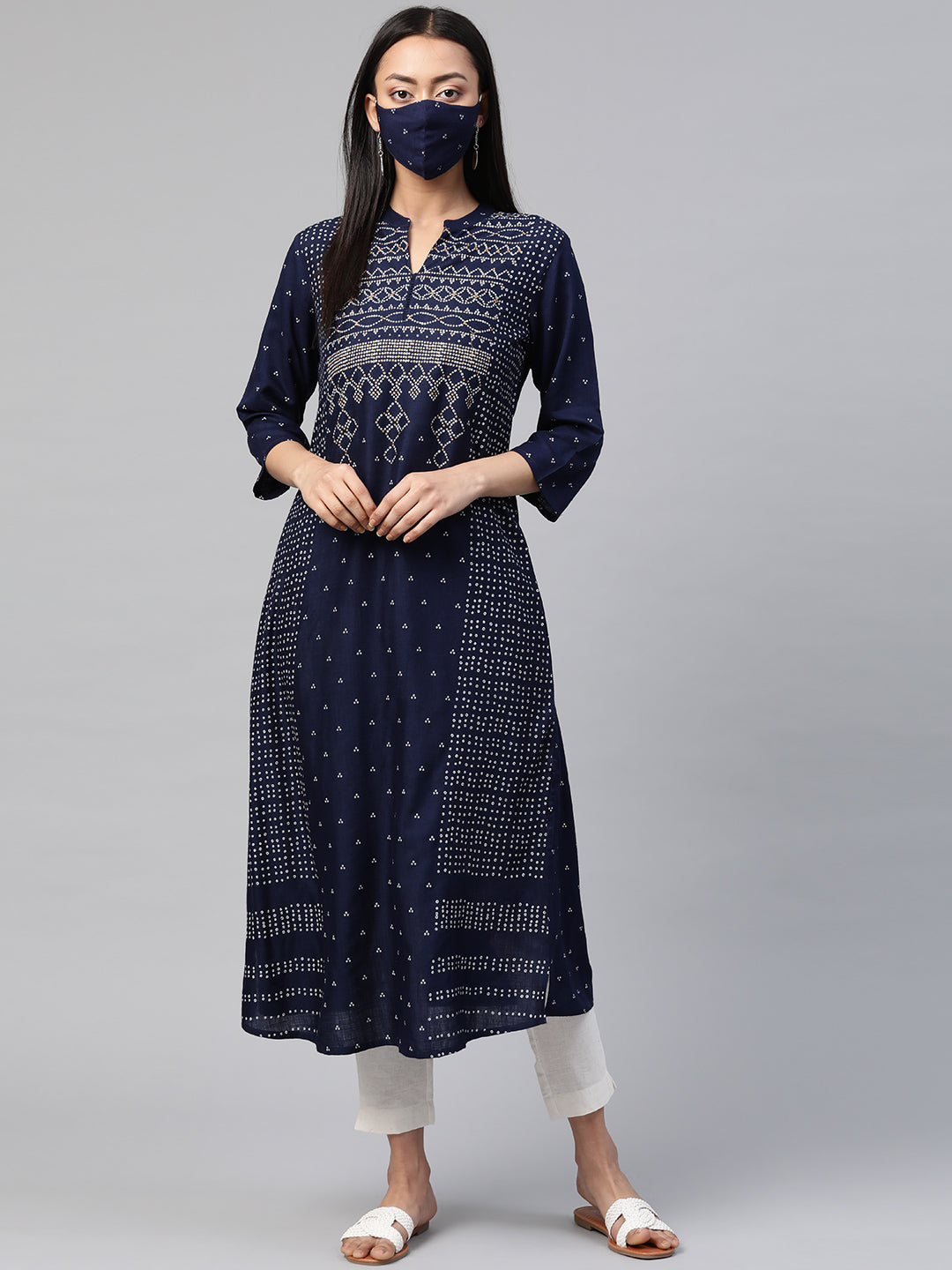 Juniper Womens Indigo Rayon Slub Placement Printed A Line Kurta - Swadesiicart