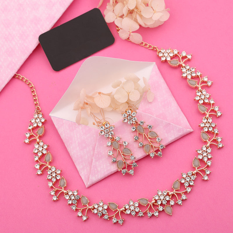 Tehzeeb Creations Rose Gold Pleated White Diamond With Gray Beads Necklace Set - Swadesiicart