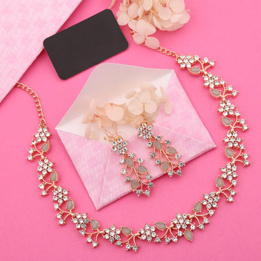 Tehzeeb Creations Rose Gold Pleated White Diamond With Gray Beads Necklace Set - Swadesiicart