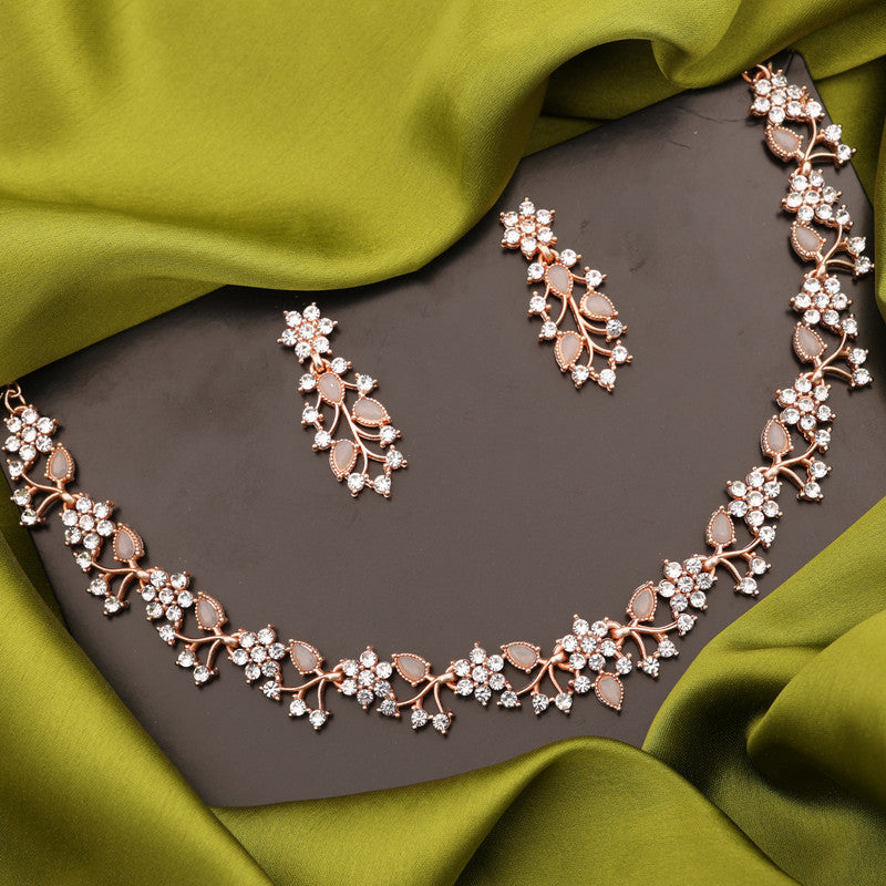 Tehzeeb Creations Rose Gold Pleated White Diamond With Gray Beads Necklace Set - Swadesiicart