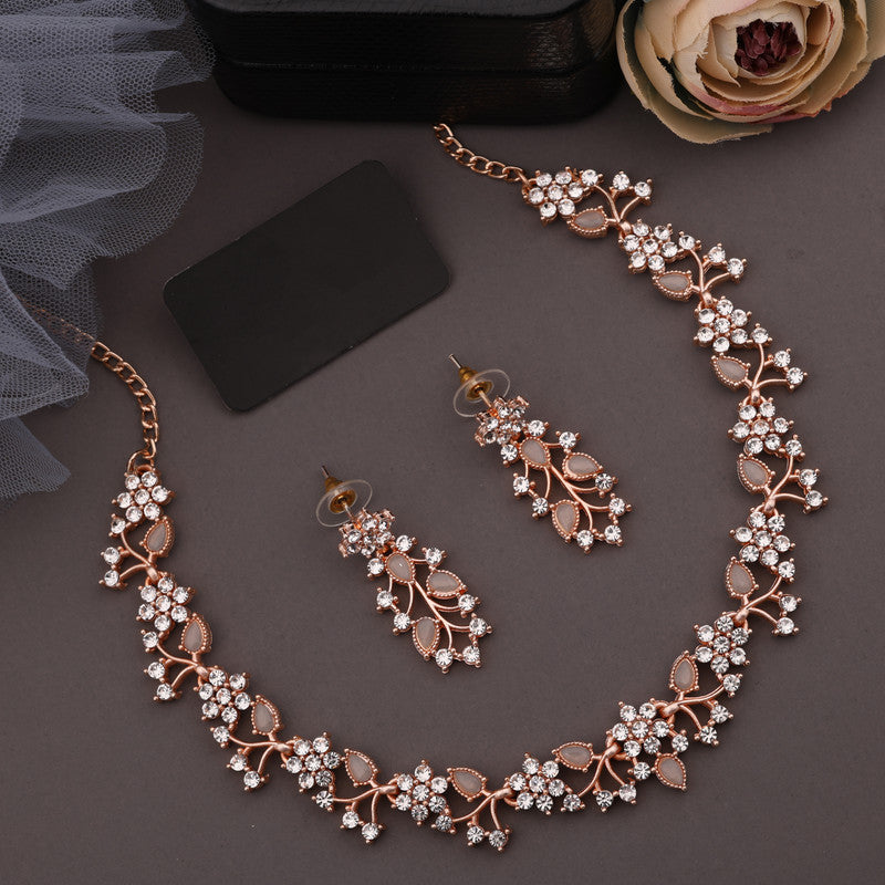 Tehzeeb Creations Rose Gold Pleated White Diamond With Gray Beads Necklace Set - Swadesiicart