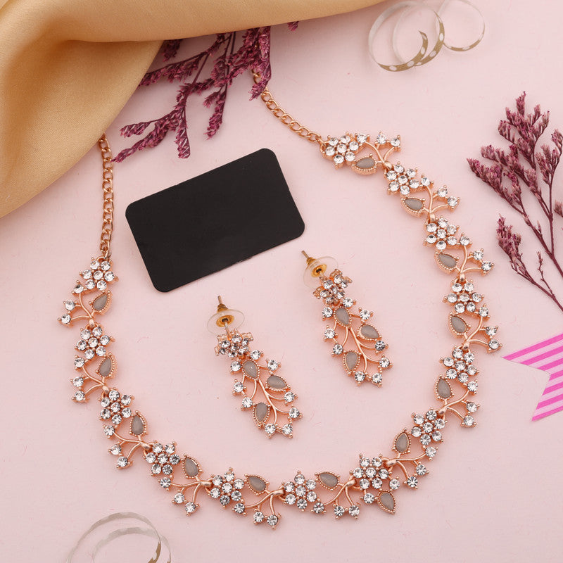 Tehzeeb Creations Rose Gold Pleated White Diamond With Gray Beads Necklace Set - Swadesiicart