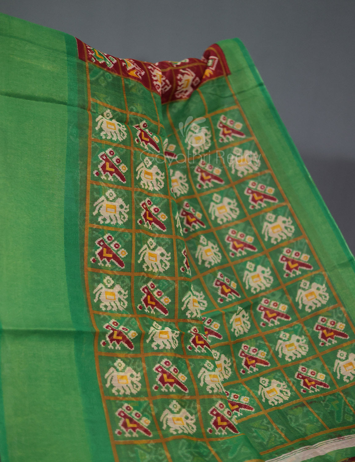 Shades of Maroon And Parrot Green Blouse Patola Print Semi Chanderi Saree By Gayathri Reddy Designer Studio | Swadesiicart