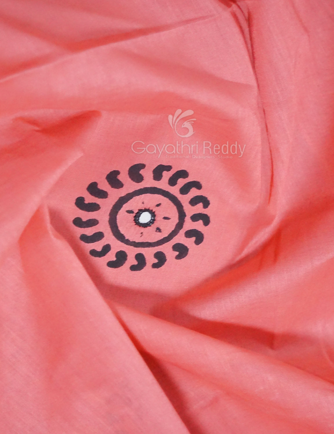 Peach Colour Block Print With Mirron Embroidered Pure Mulmul Cotton Saree By Gayathri Reddy Designer Studio | Swadesiicart