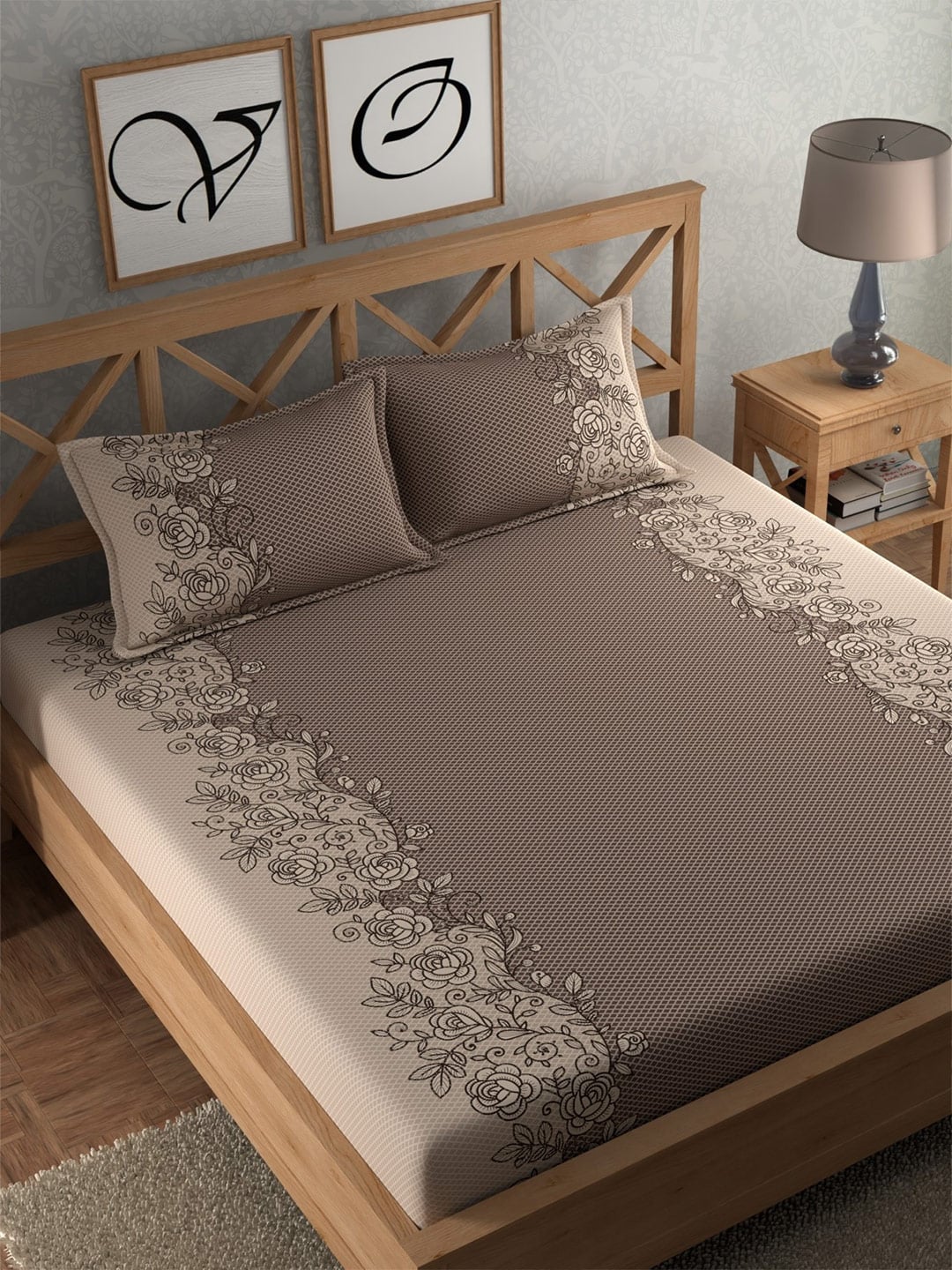 CHHAVI INDIA Brown Ethnic Motifs Cotton 210 TC King Bedsheet with 2 Pillow Covers - Swadesiicart