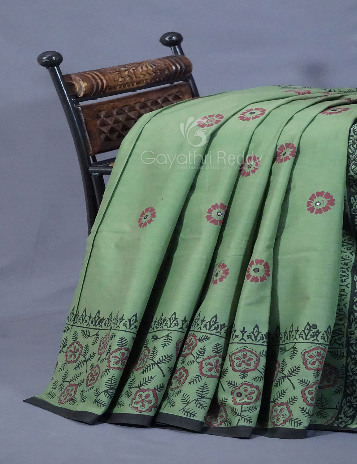 Pista Mix Colour Block Print With Mirron Embroidered Pure Mulmul Cotton Saree By Gayathri Reddy Designer Studio | Swadesiicart