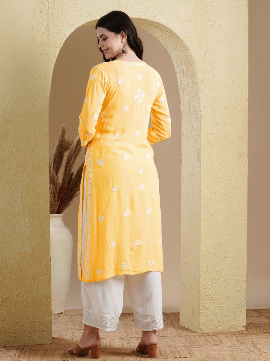 ADA Floral Lucknowi Chikankari Straight Kurta | Swadesiicart