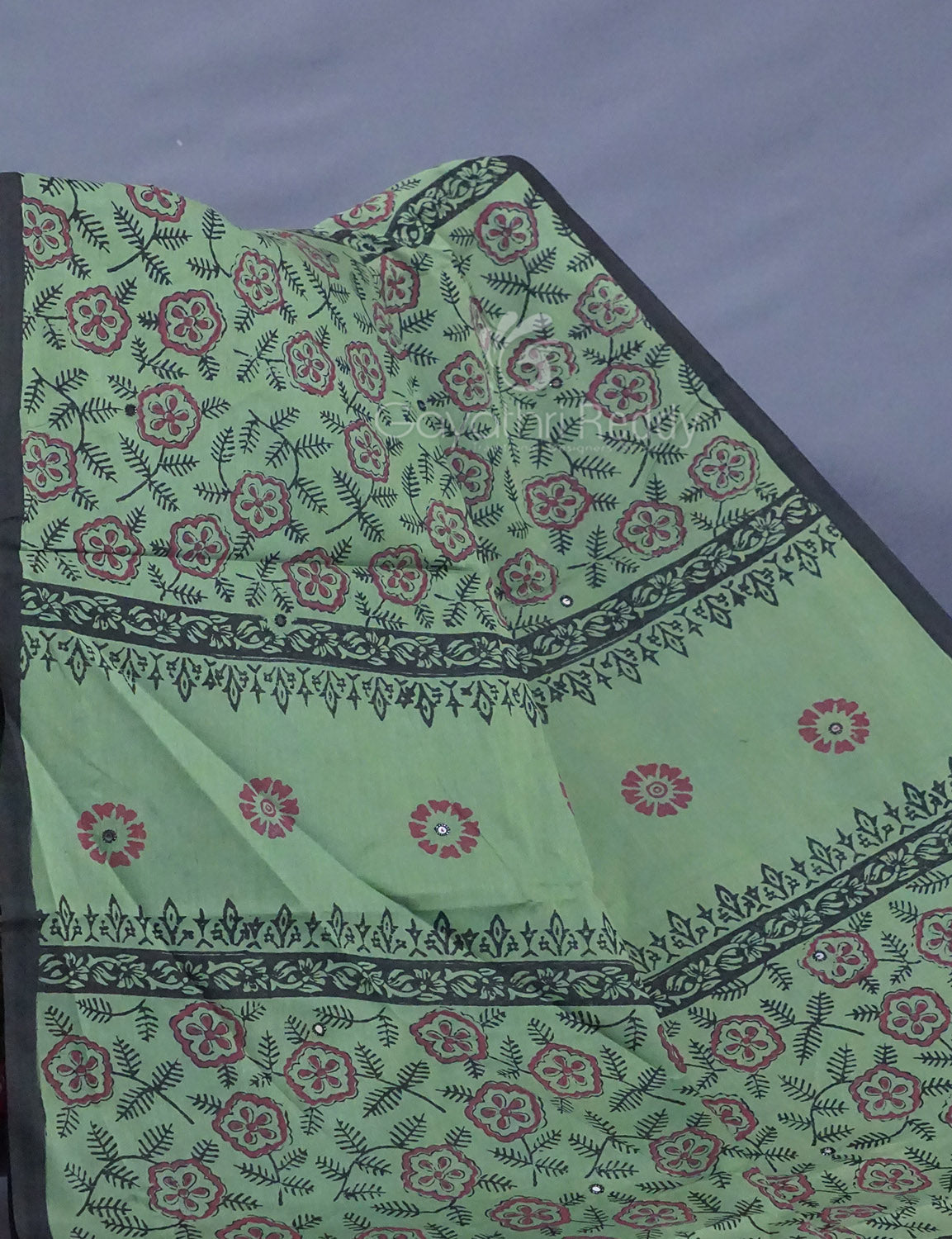 Pista Mix Colour Block Print With Mirron Embroidered Pure Mulmul Cotton Saree By Gayathri Reddy Designer Studio | Swadesiicart