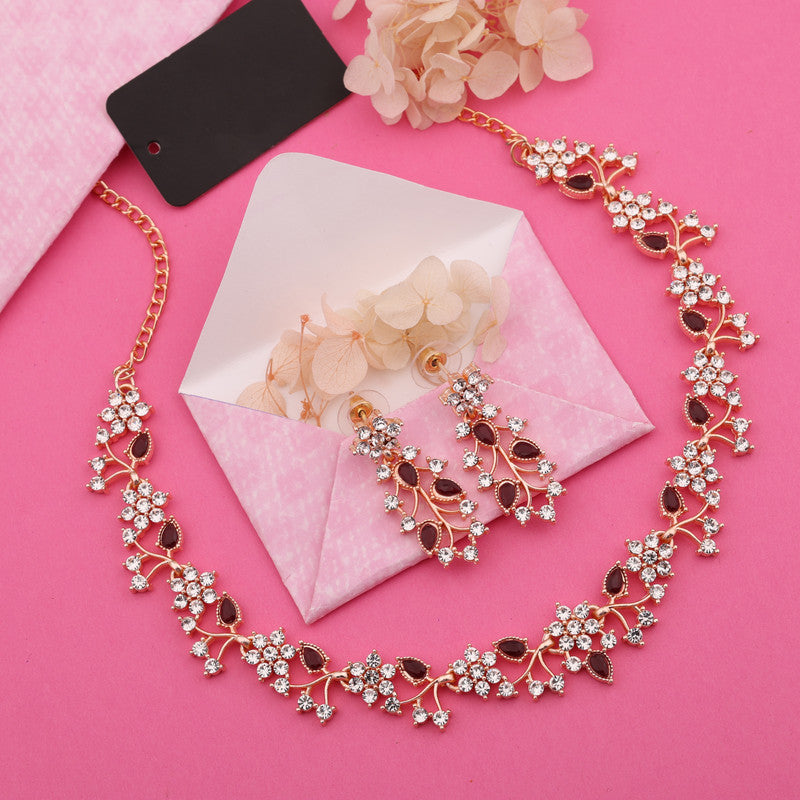 Tehzeeb Creations Rose Gold Pleated White Diamond With Maroon Beads Necklace Set - Swadesiicart
