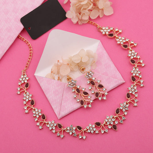 Tehzeeb Creations Rose Gold Pleated White Diamond With Maroon Beads Necklace Set - Swadesiicart