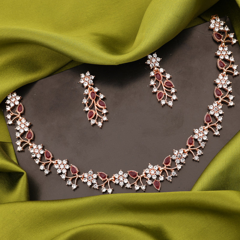 Tehzeeb Creations Rose Gold Pleated White Diamond With Maroon Beads Necklace Set - Swadesiicart