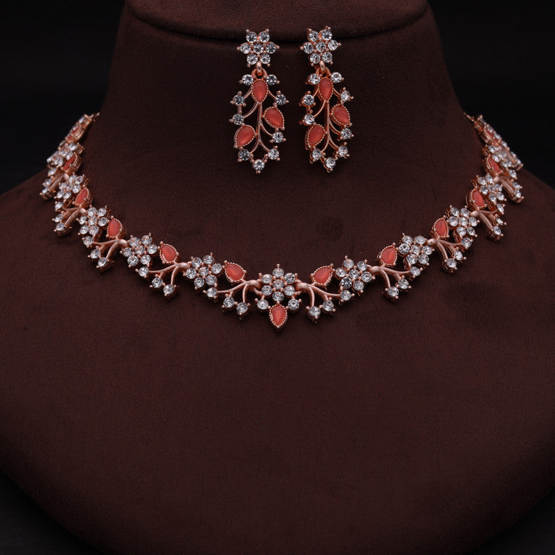 Tehzeeb Creations Rose Gold Pleated White Diamond With Orange Beads Necklace Set - Swadesiicart