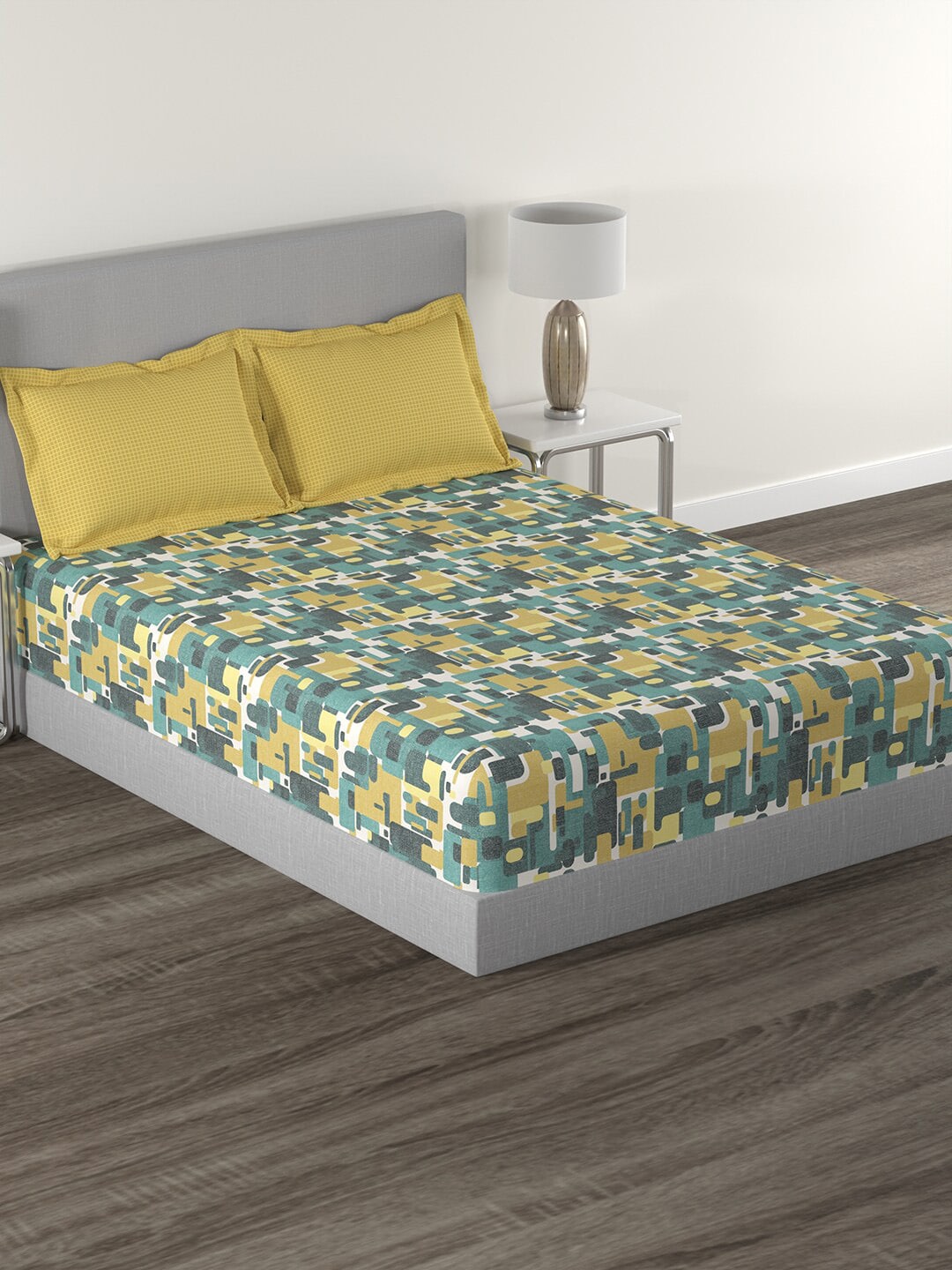 MYTRIDENT Yellow Green Printed Cotton 144 TC Queen Bedsheet With 2 Pillow Covers - Swadesiicart