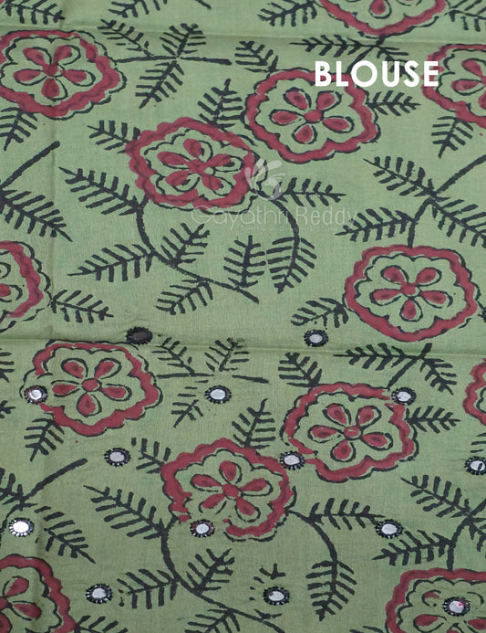 Pista Mix Colour Block Print With Mirron Embroidered Pure Mulmul Cotton Saree By Gayathri Reddy Designer Studio | Swadesiicart