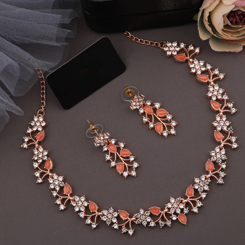 Tehzeeb Creations Rose Gold Pleated White Diamond With Orange Beads Necklace Set - Swadesiicart