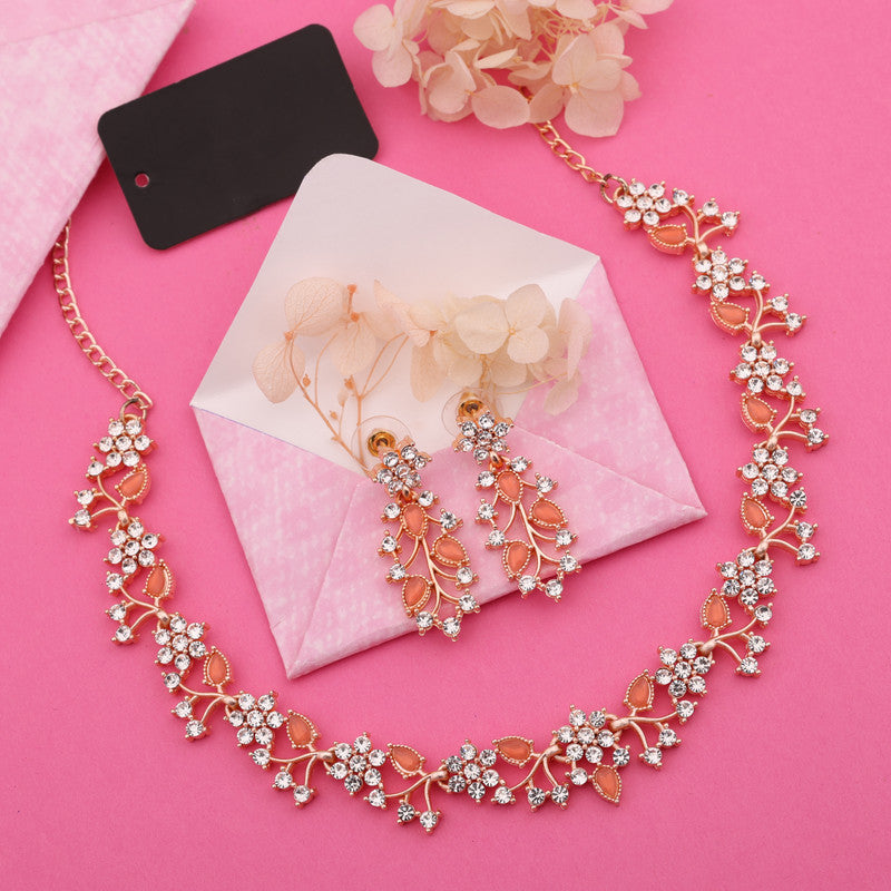 Tehzeeb Creations Rose Gold Pleated White Diamond With Orange Beads Necklace Set - Swadesiicart