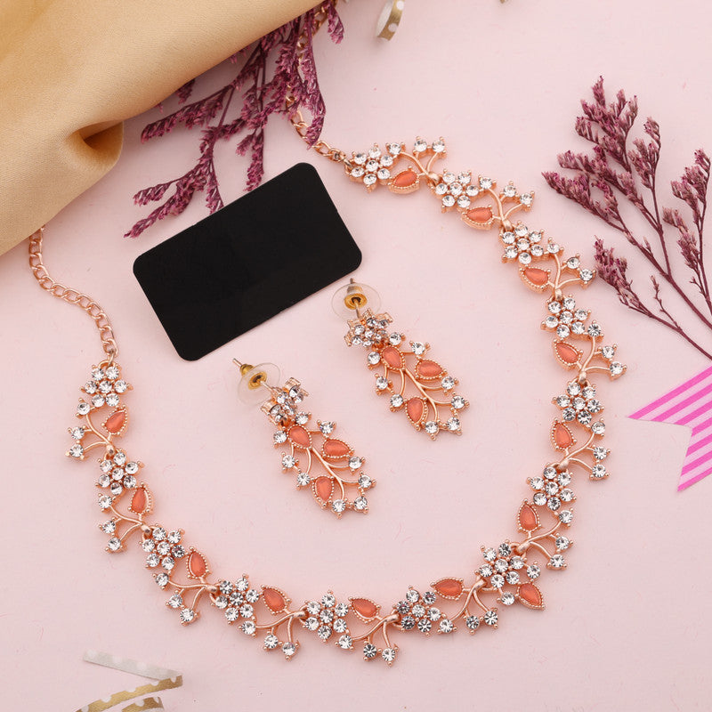 Tehzeeb Creations Rose Gold Pleated White Diamond With Orange Beads Necklace Set - Swadesiicart