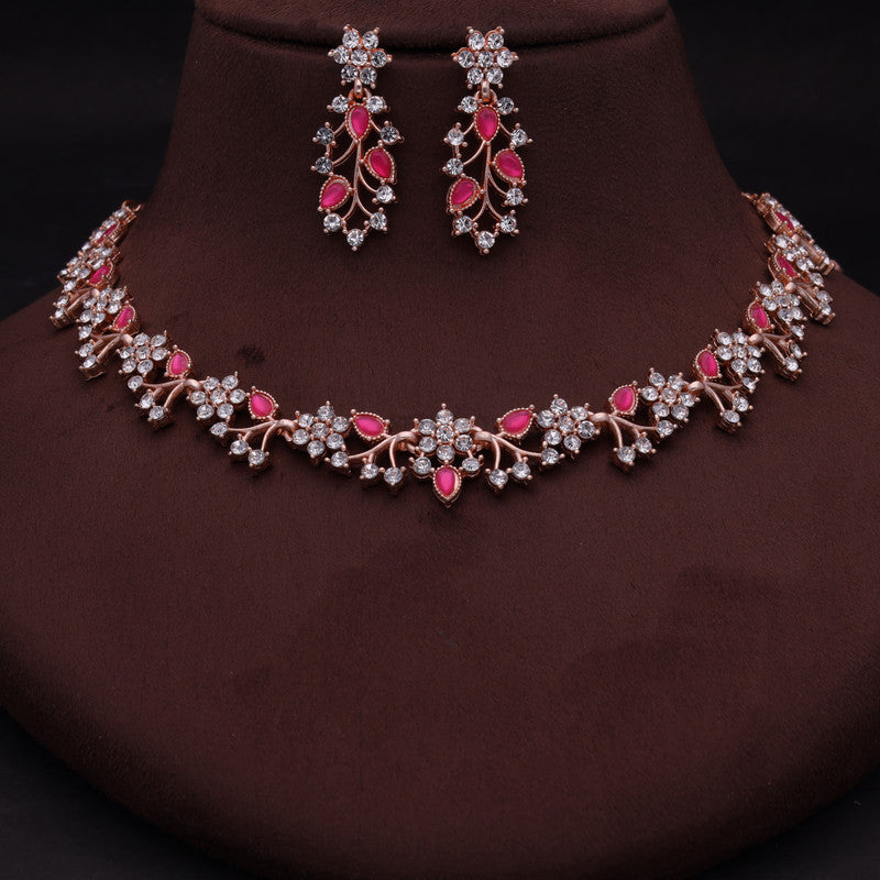 Tehzeeb Creations Rose Gold Pleated White Diamond With Pink Beads Necklace Set - Swadesiicart