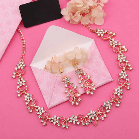 Tehzeeb Creations Rose Gold Pleated White Diamond With Pink Beads Necklace Set - Swadesiicart