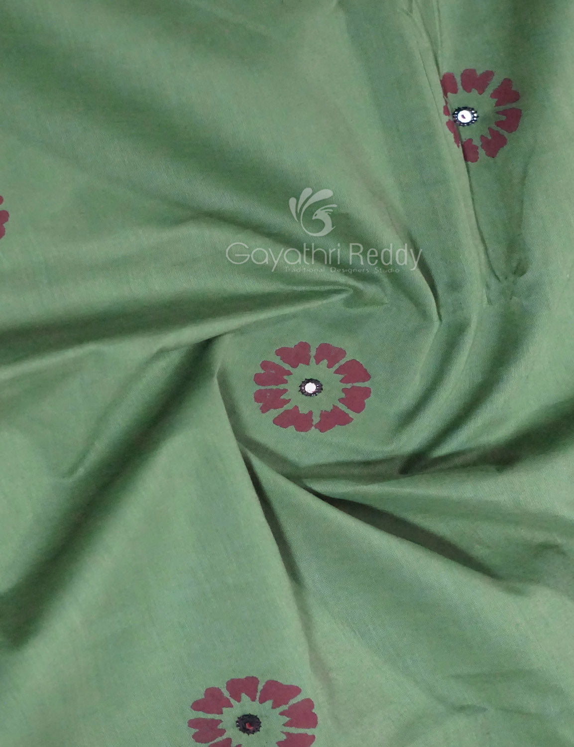 Pista Mix Colour Block Print With Mirron Embroidered Pure Mulmul Cotton Saree By Gayathri Reddy Designer Studio | Swadesiicart