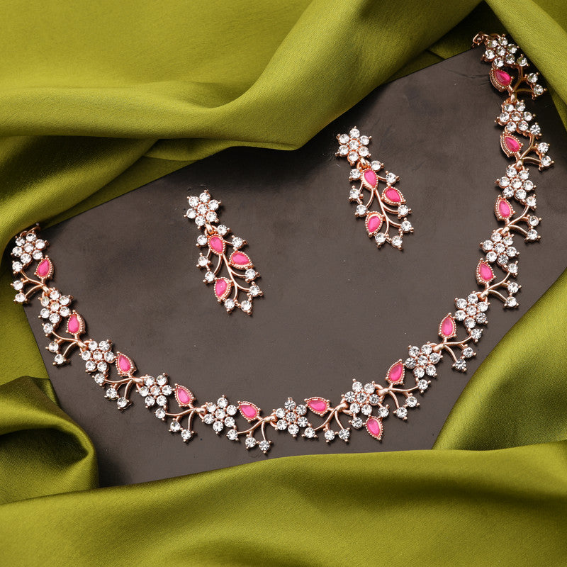 Tehzeeb Creations Rose Gold Pleated White Diamond With Pink Beads Necklace Set - Swadesiicart