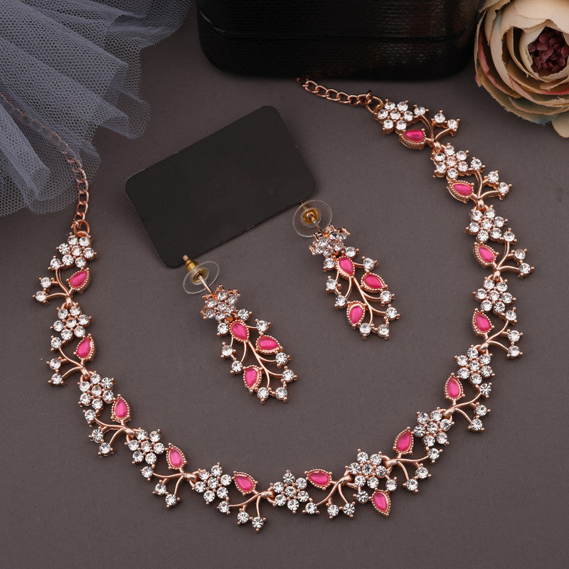 Tehzeeb Creations Rose Gold Pleated White Diamond With Pink Beads Necklace Set - Swadesiicart