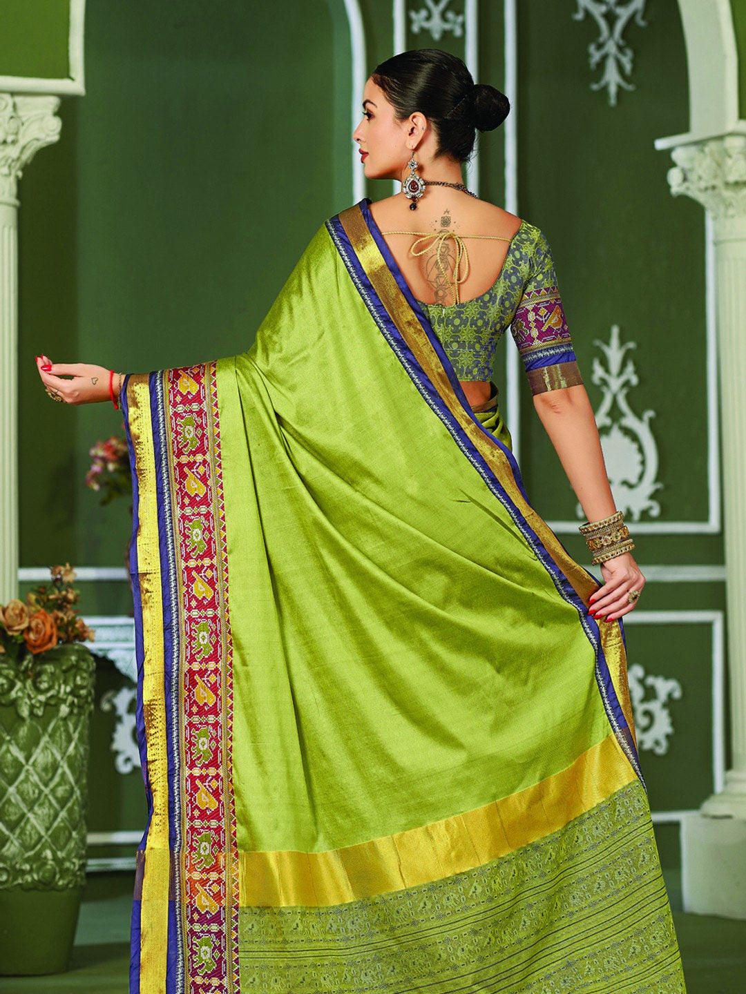 Mitera Olive Green & Blue Zari Pure Silk Banarasi Saree | Swadesiicart