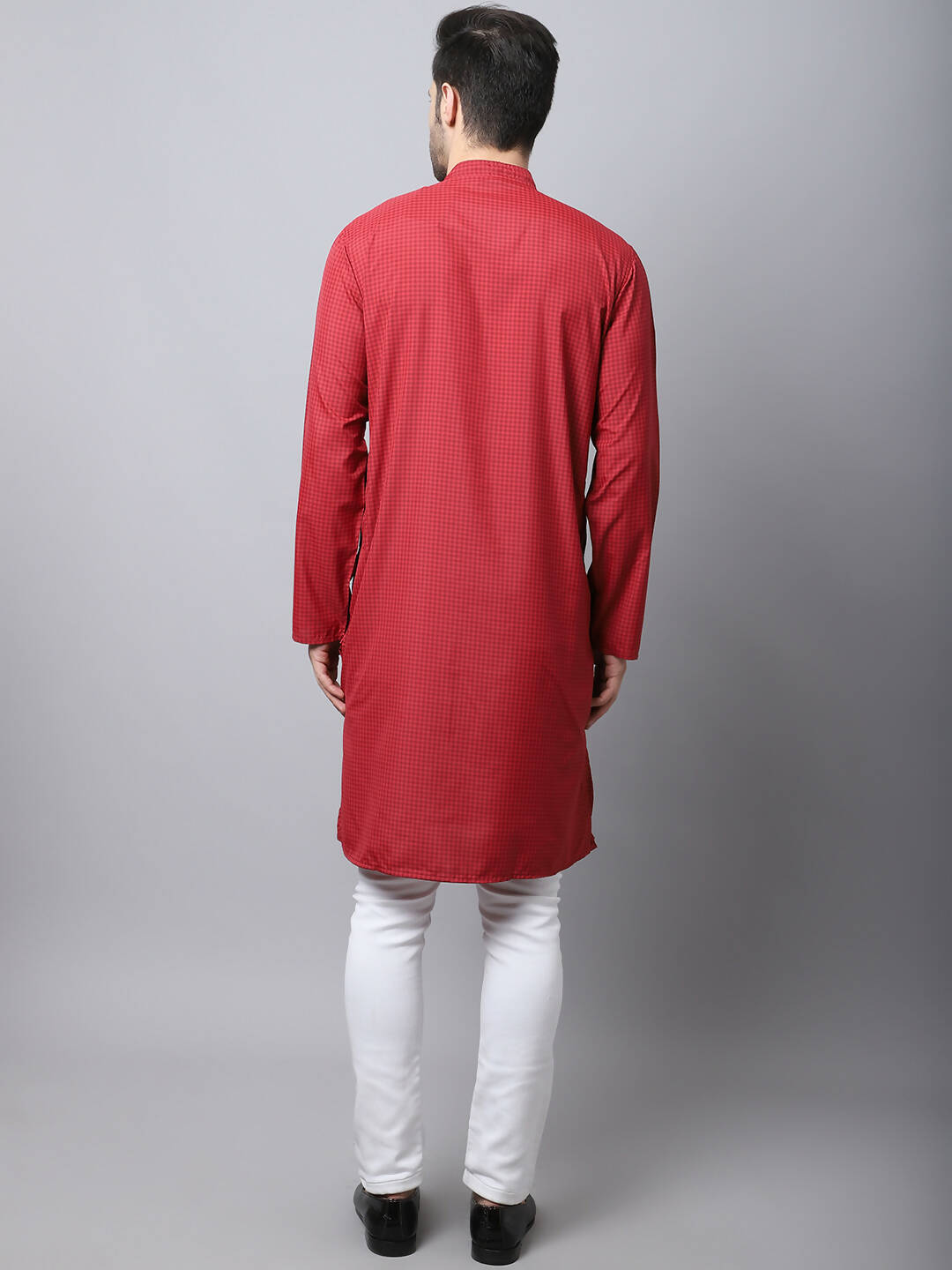 Even Apparels Maroon Cotton Checked Men's Kurta With Band Collar | Swadesiicart