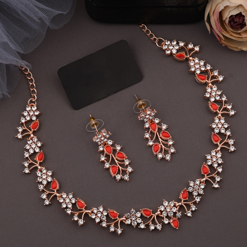 Tehzeeb Creations Rose Gold Pleated White Diamond With Red Beads Necklace Set - Swadesiicart