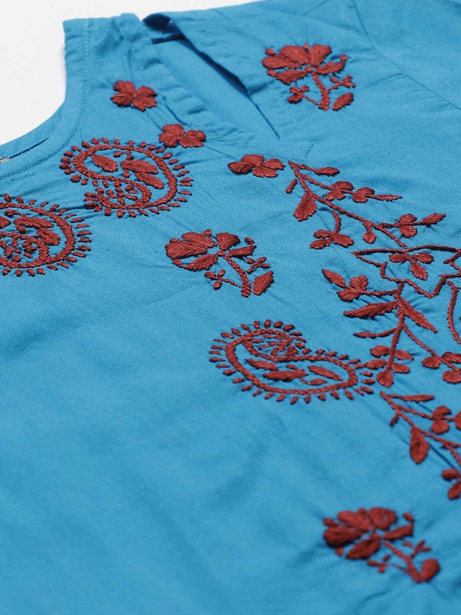 ADA Women Blue & Maroon Chikankari Embroidered High Low Handloom Sustainable Kurta with Trousers | Swadesiicart