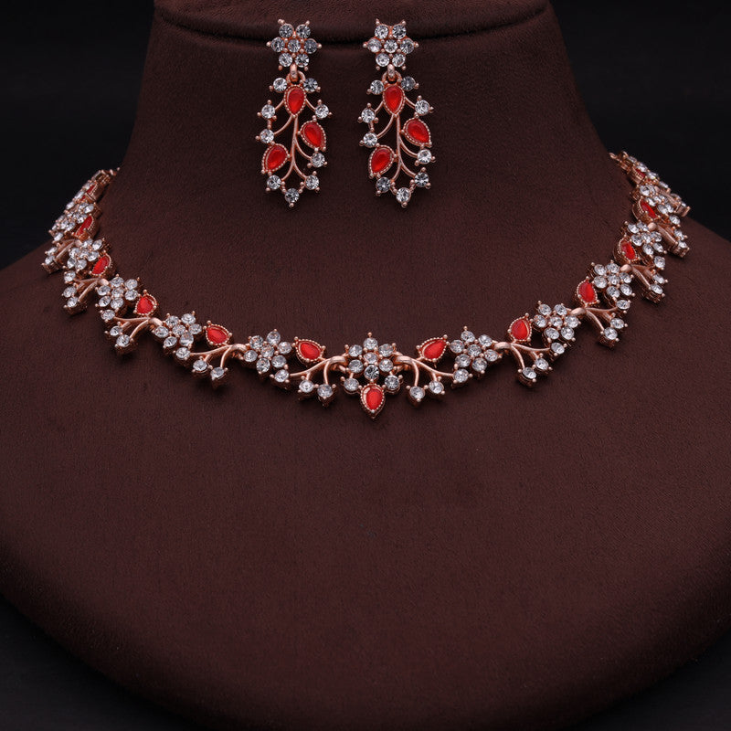 Tehzeeb Creations Rose Gold Pleated White Diamond With Red Beads Necklace Set - Swadesiicart