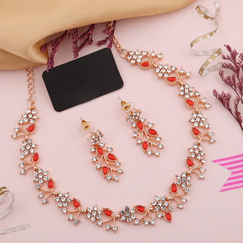 Tehzeeb Creations Rose Gold Pleated White Diamond With Red Beads Necklace Set - Swadesiicart