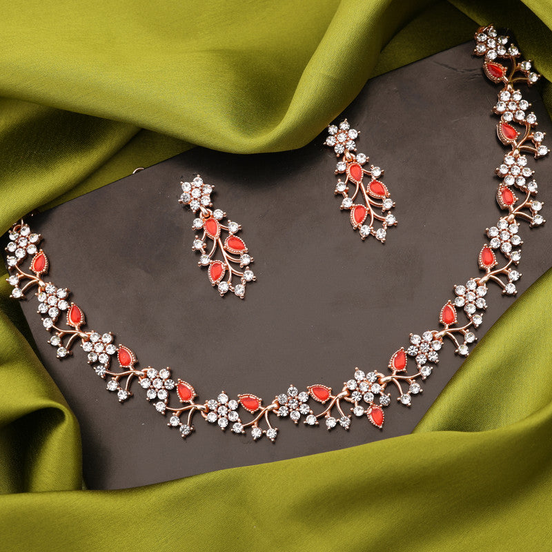 Tehzeeb Creations Rose Gold Pleated White Diamond With Red Beads Necklace Set - Swadesiicart