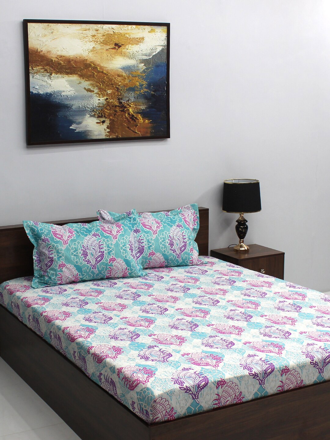 BOMBAY DYEING Pink & Blue Ethnic Motifs Cotton 110 TC Queen Bedsheet With 2 Pillow Covers - Swadesiicart