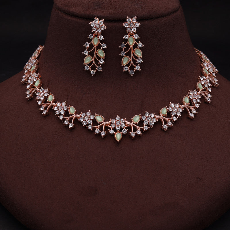 Tehzeeb Creations Rose Gold Pleated White Diamond With Sea Green Beads Necklace Set - Swadesiicart