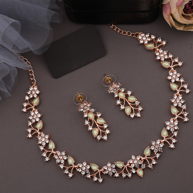 Tehzeeb Creations Rose Gold Pleated White Diamond With Sea Green Beads Necklace Set - Swadesiicart