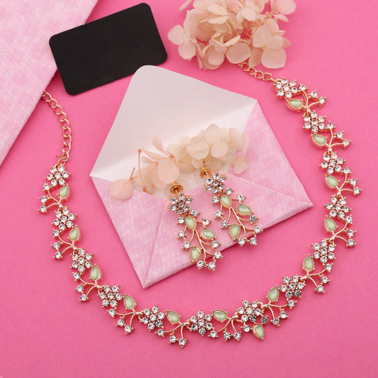 Tehzeeb Creations Rose Gold Pleated White Diamond With Sea Green Beads Necklace Set - Swadesiicart