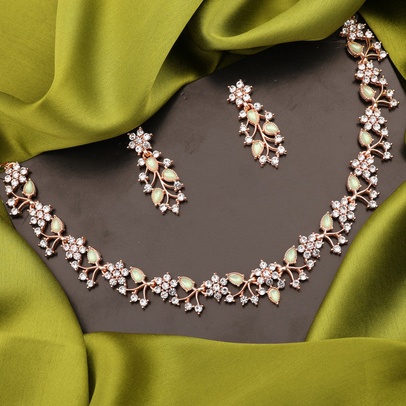 Tehzeeb Creations Rose Gold Pleated White Diamond With Sea Green Beads Necklace Set - Swadesiicart