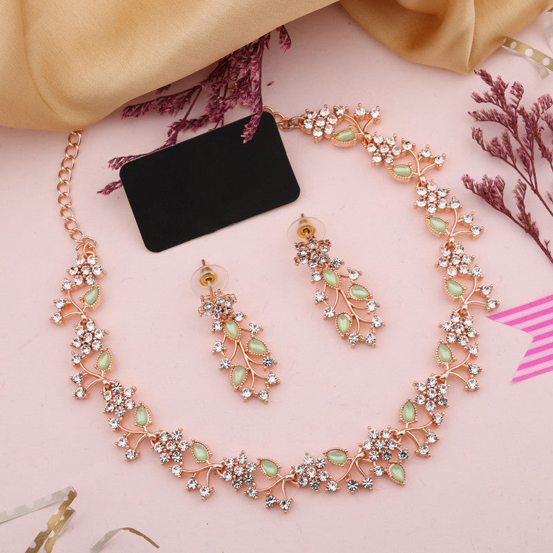 Tehzeeb Creations Rose Gold Pleated White Diamond With Sea Green Beads Necklace Set - Swadesiicart
